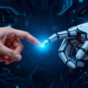 Mano humana tocando mano robot Inteligencia artificial en reus